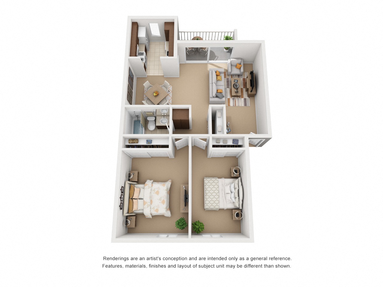 2 Bedroom 1 Bathroom Plan 2 3D Floor Plan Layout at Encina Meadows Apartments, Goleta, CA